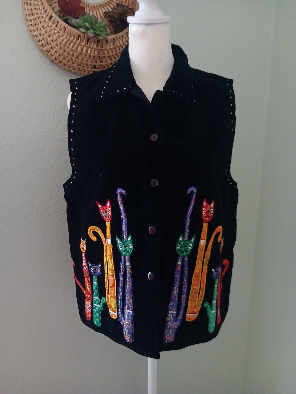 Black Velvet Sleeveless Button Vest with Colorful Cat Appliqués Vintage